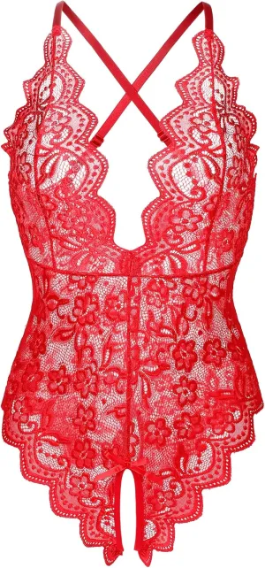 Donnalla Women's One Piece Teddy Plunging Lace Bodysuit Elegant Honeymoon Lingerie