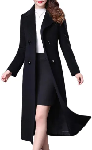 ebossy Women's Elegant Business Wool Coat Double Breasted Winter Long Coat