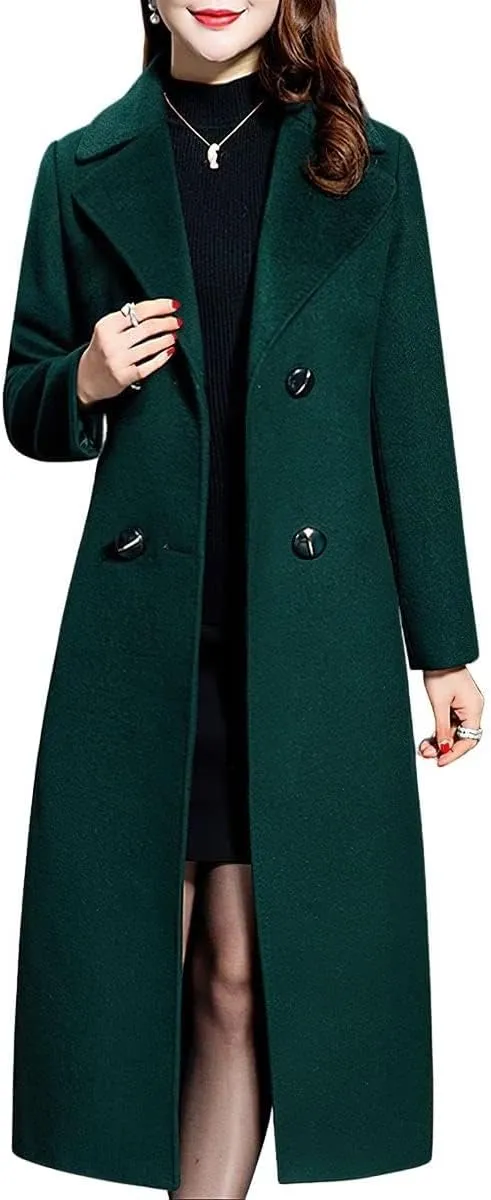 ebossy Women's Elegant Business Wool Coat Double Breasted Winter Long Coat