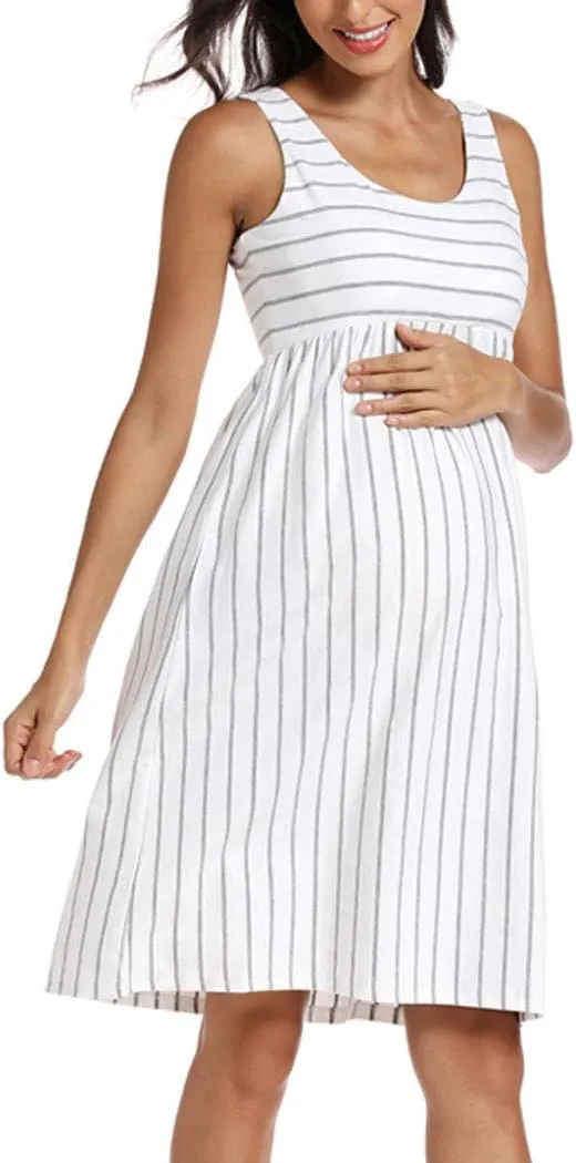 Ecavus Womens Maternity Tank Dress Stripe Color Block Sleeveless Knee Length for Baby Shower