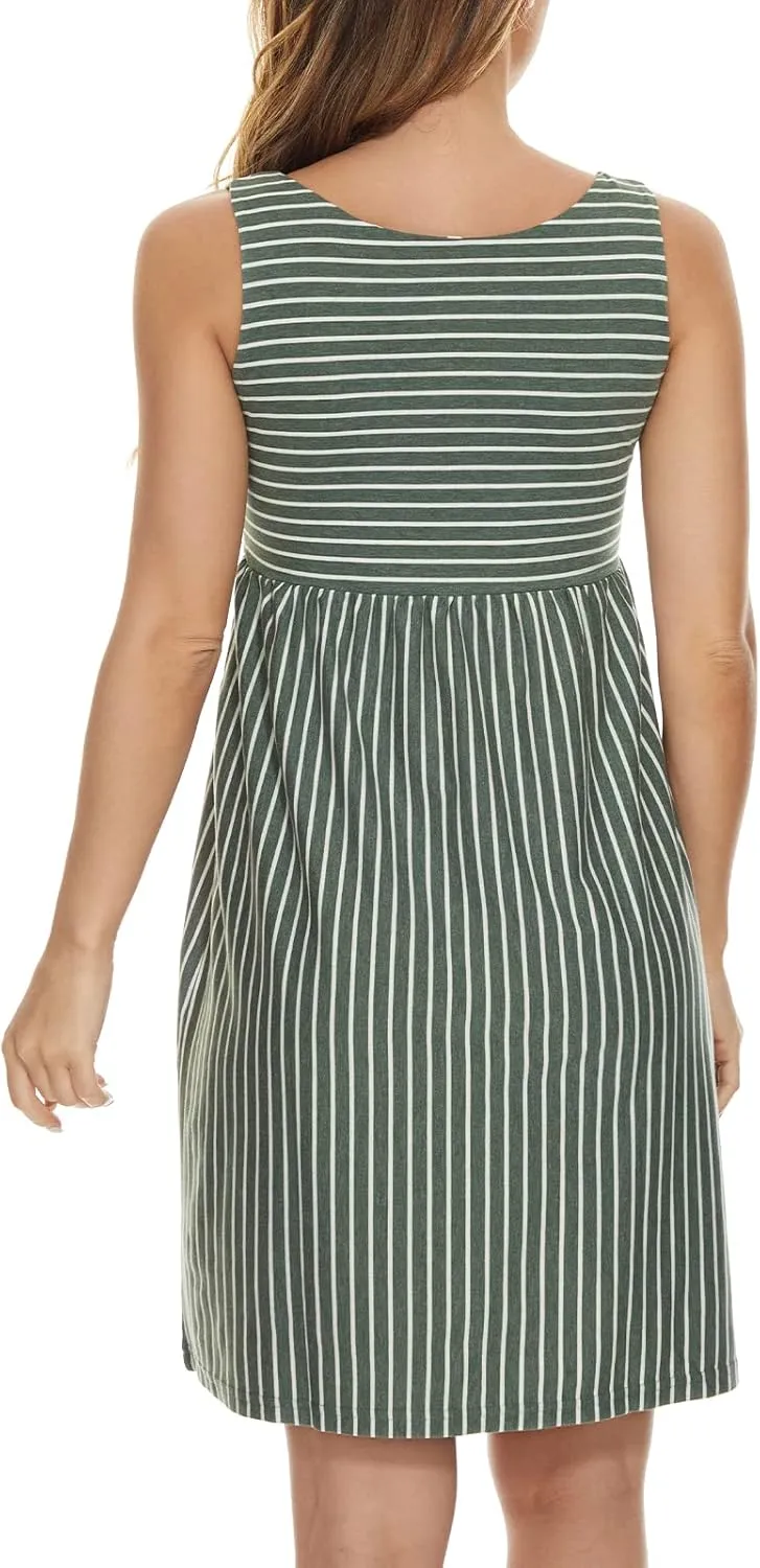 Ecavus Womens Maternity Tank Dress Stripe Color Block Sleeveless Knee Length for Baby Shower