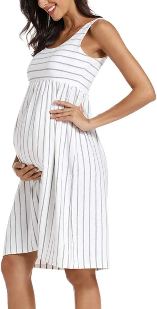 Ecavus Womens Maternity Tank Dress Stripe Color Block Sleeveless Knee Length for Baby Shower