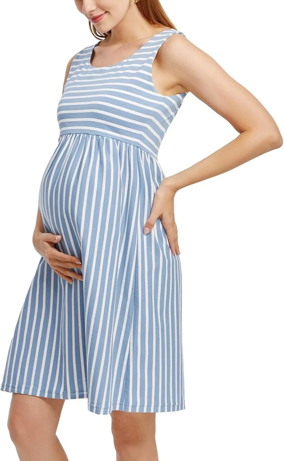 Ecavus Womens Maternity Tank Dress Stripe Color Block Sleeveless Knee Length for Baby Shower