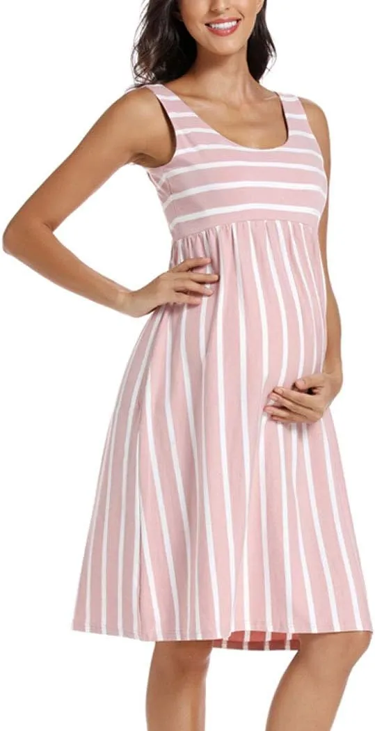 Ecavus Womens Maternity Tank Dress Stripe Color Block Sleeveless Knee Length for Baby Shower