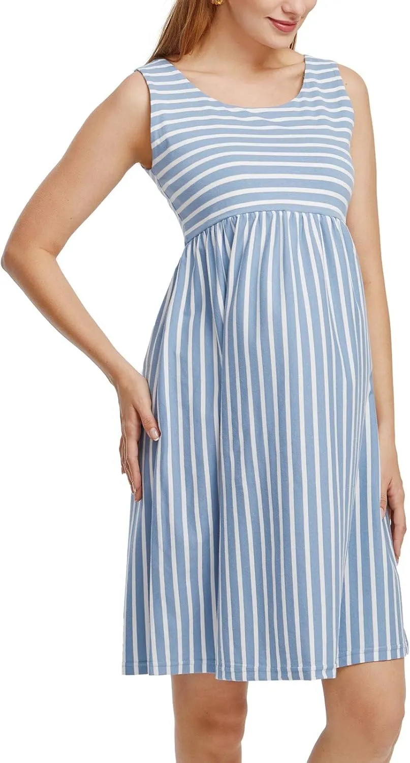 Ecavus Womens Maternity Tank Dress Stripe Color Block Sleeveless Knee Length for Baby Shower