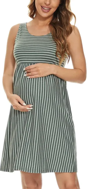 Ecavus Womens Maternity Tank Dress Stripe Color Block Sleeveless Knee Length for Baby Shower