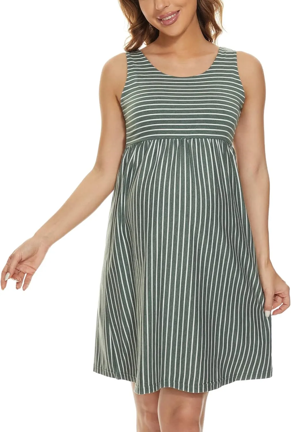 Ecavus Womens Maternity Tank Dress Stripe Color Block Sleeveless Knee Length for Baby Shower