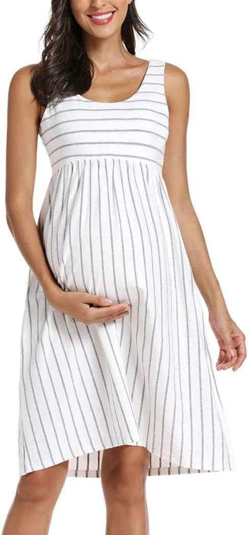 Ecavus Womens Maternity Tank Dress Stripe Color Block Sleeveless Knee Length for Baby Shower