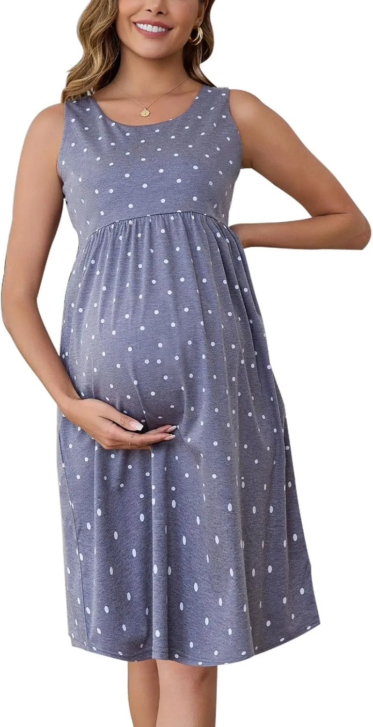 Ecavus Womens Maternity Tank Dress Stripe Color Block Sleeveless Knee Length for Baby Shower