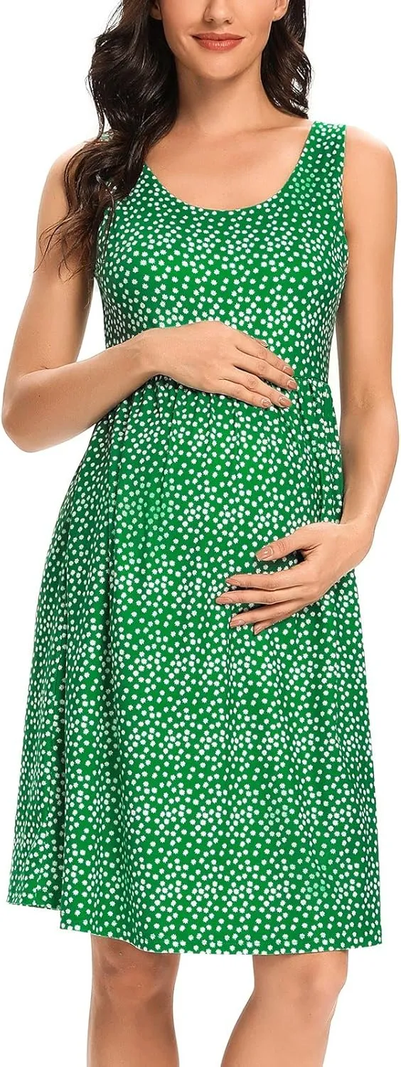 Ecavus Womens Maternity Tank Dress Stripe Color Block Sleeveless Knee Length for Baby Shower