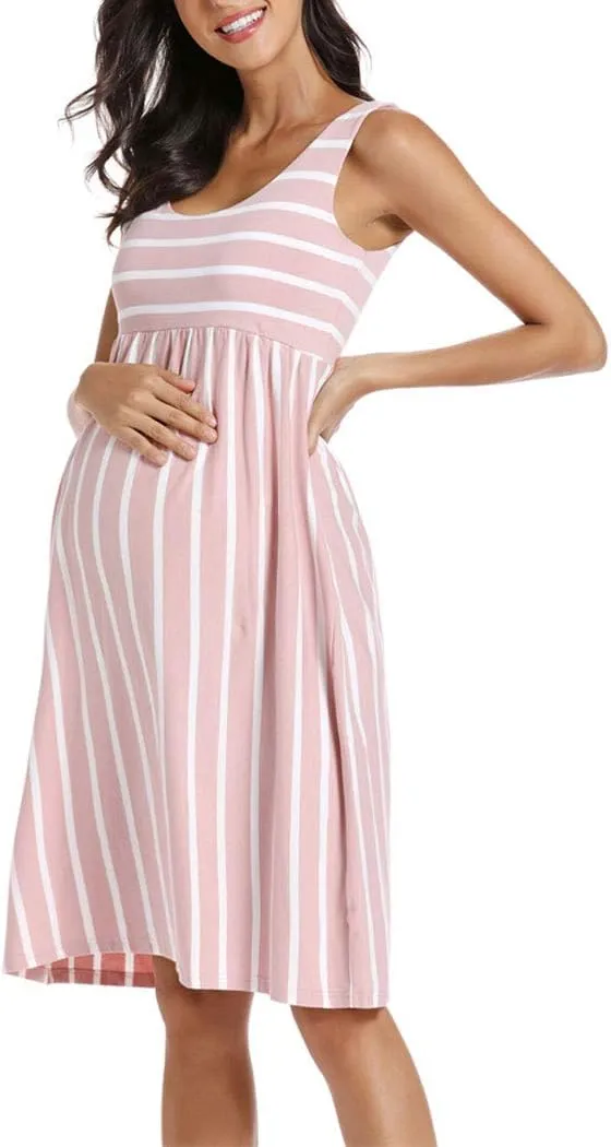 Ecavus Womens Maternity Tank Dress Stripe Color Block Sleeveless Knee Length for Baby Shower