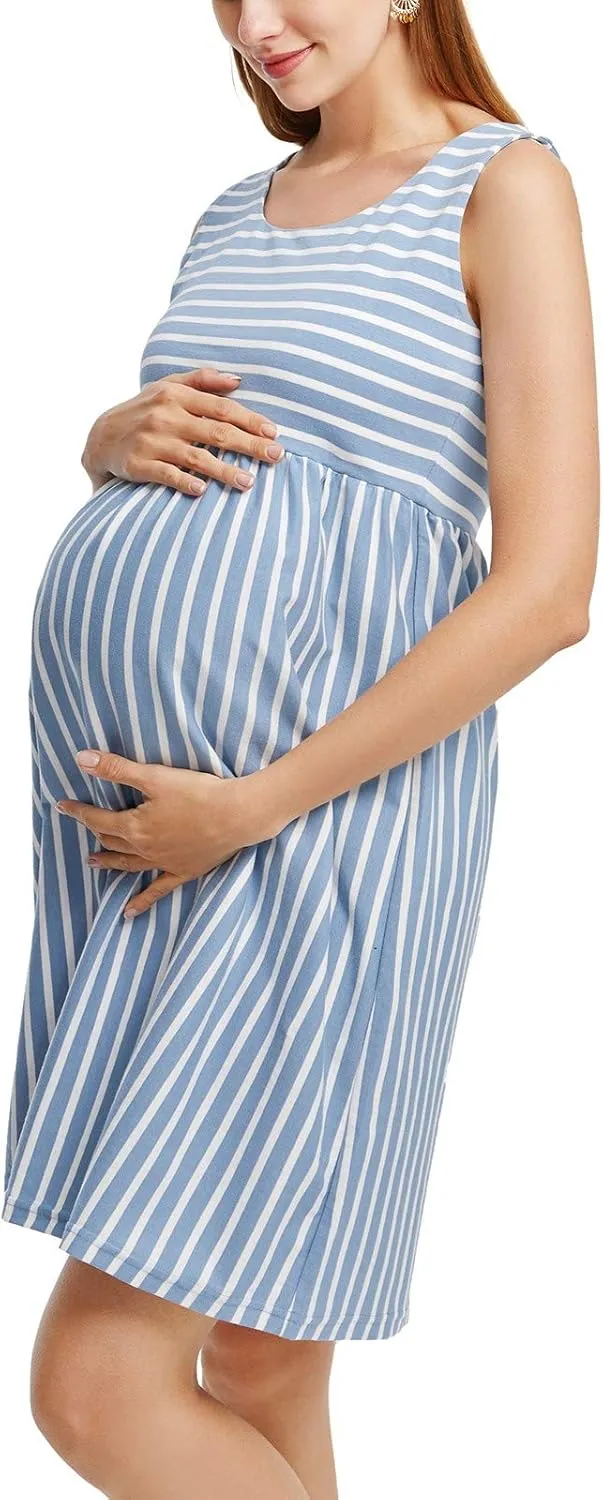 Ecavus Womens Maternity Tank Dress Stripe Color Block Sleeveless Knee Length for Baby Shower
