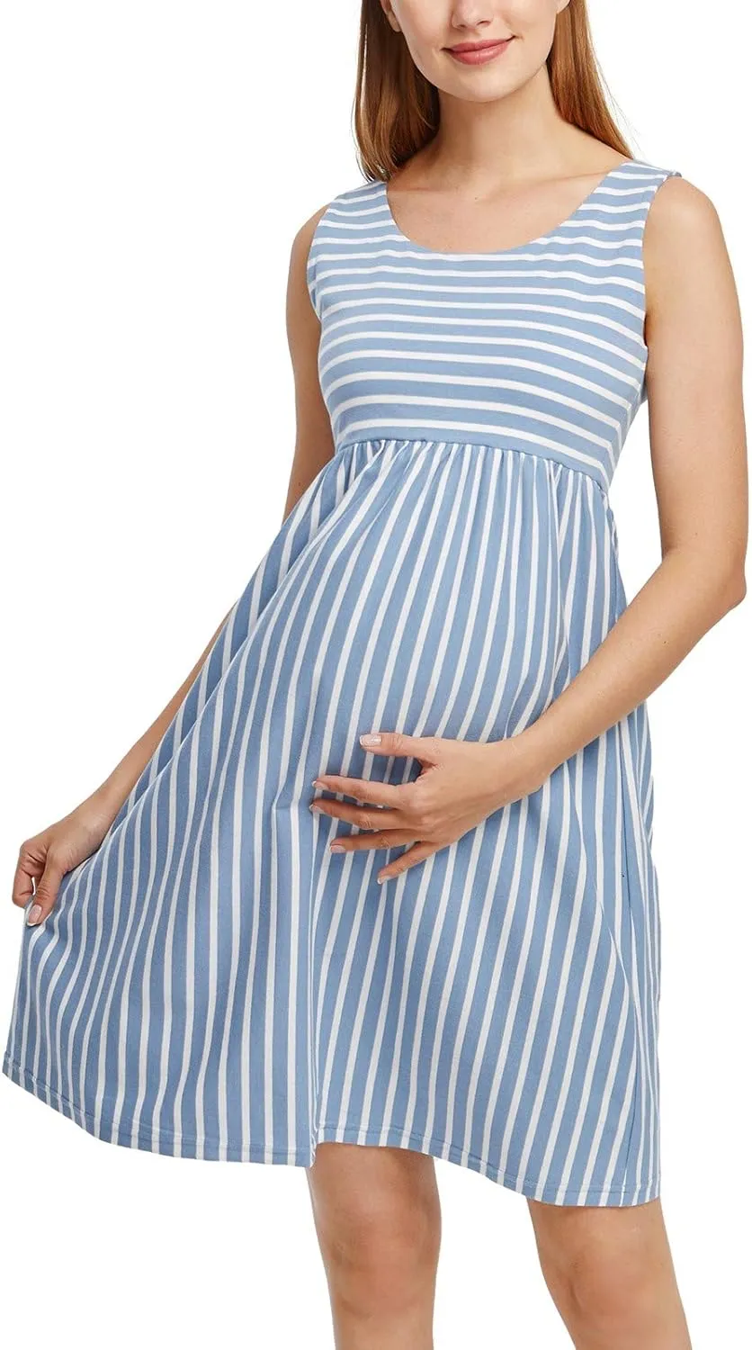 Ecavus Womens Maternity Tank Dress Stripe Color Block Sleeveless Knee Length for Baby Shower