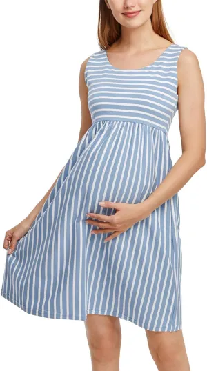 Ecavus Womens Maternity Tank Dress Stripe Color Block Sleeveless Knee Length for Baby Shower