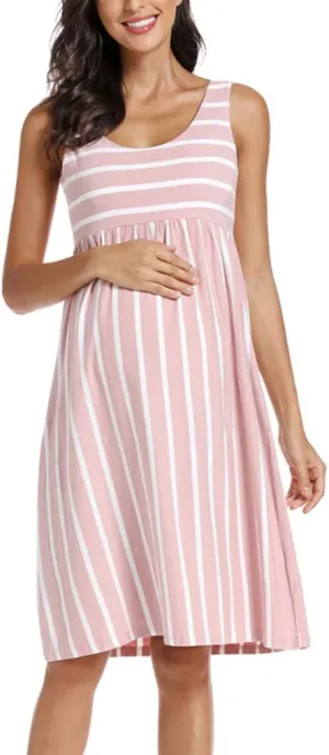 Ecavus Womens Maternity Tank Dress Stripe Color Block Sleeveless Knee Length for Baby Shower