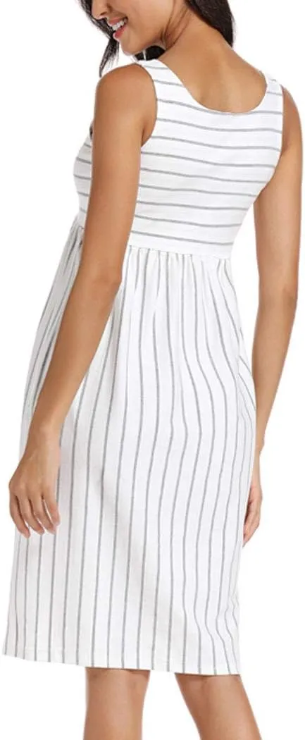 Ecavus Womens Maternity Tank Dress Stripe Color Block Sleeveless Knee Length for Baby Shower