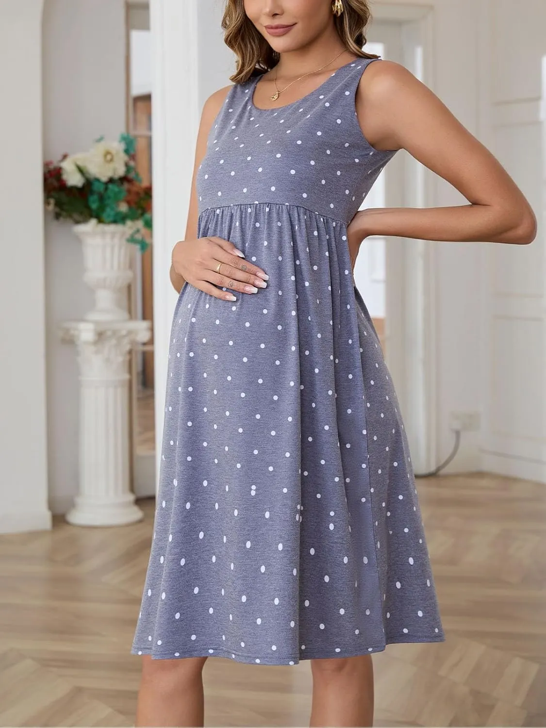 Ecavus Womens Maternity Tank Dress Stripe Color Block Sleeveless Knee Length for Baby Shower