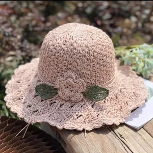 Elegant Crochet Straw Hat with Ruffle Detail,Elegant Crochet Straw Hat,Summer Beach Wide Brim Sun Protection Hat