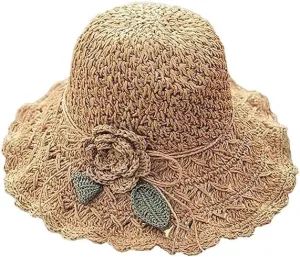 Elegant Crochet Straw Hat with Ruffle Detail,Elegant Crochet Straw Hat,Summer Beach Wide Brim Sun Protection Hat