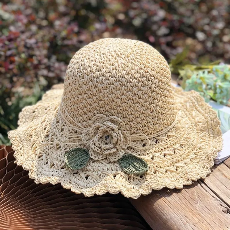 Elegant Crochet Straw Hat with Ruffle Detail,Elegant Crochet Straw Hat,Summer Beach Wide Brim Sun Protection Hat