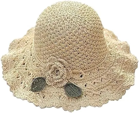 Elegant Crochet Straw Hat with Ruffle Detail,Elegant Crochet Straw Hat,Summer Beach Wide Brim Sun Protection Hat