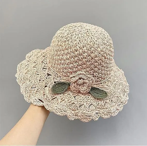 Elegant Crochet Straw Hat with Ruffle Detail,Elegant Crochet Straw Hat,Summer Beach Wide Brim Sun Protection Hat