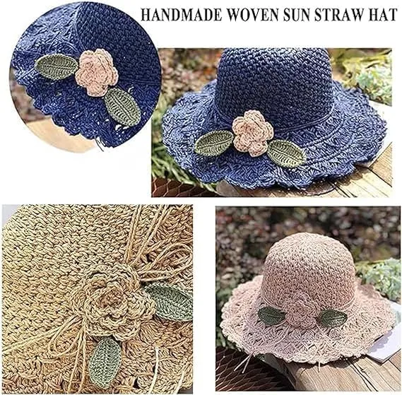 Elegant Crochet Straw Hat with Ruffle Detail,Elegant Crochet Straw Hat,Summer Beach Wide Brim Sun Protection Hat