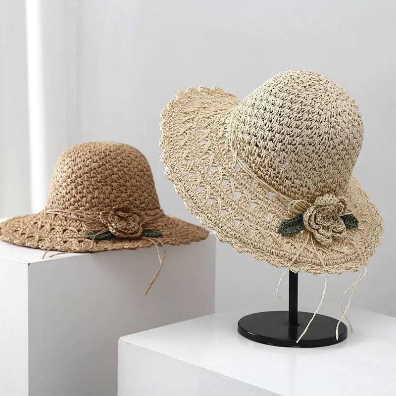 Elegant Crochet Straw Hat with Ruffle Detail,Elegant Crochet Straw Hat,Summer Beach Wide Brim Sun Protection Hat