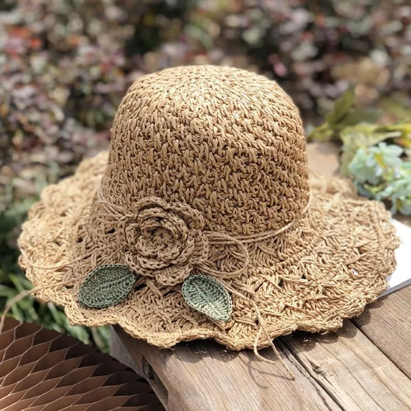 Elegant Crochet Straw Hat with Ruffle Detail,Elegant Crochet Straw Hat,Summer Beach Wide Brim Sun Protection Hat