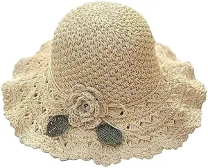Elegant Crochet Straw Hat with Ruffle Detail,Elegant Crochet Straw Hat,Summer Beach Wide Brim Sun Protection Hat