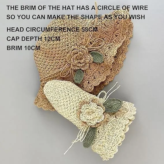 Elegant Crochet Straw Hat with Ruffle Detail,Elegant Crochet Straw Hat,Summer Beach Wide Brim Sun Protection Hat