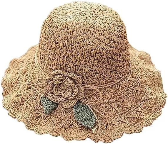 Elegant Crochet Straw Hat with Ruffle Detail,Elegant Crochet Straw Hat,Summer Beach Wide Brim Sun Protection Hat