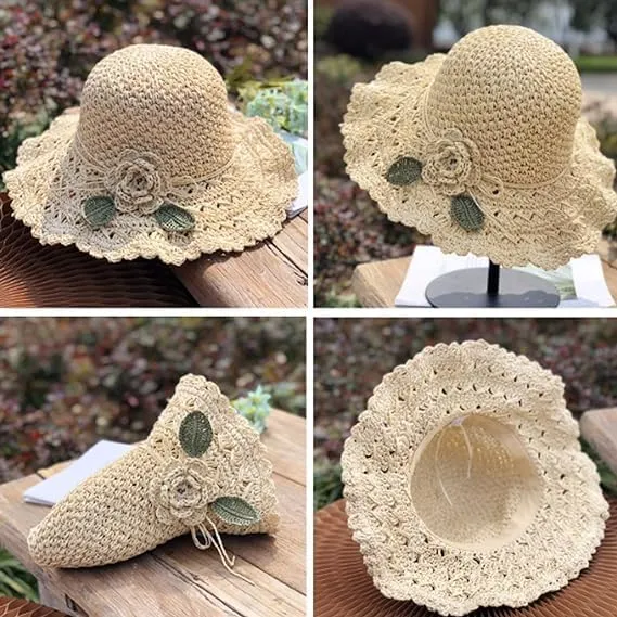 Elegant Crochet Straw Hat with Ruffle Detail,Elegant Crochet Straw Hat,Summer Beach Wide Brim Sun Protection Hat