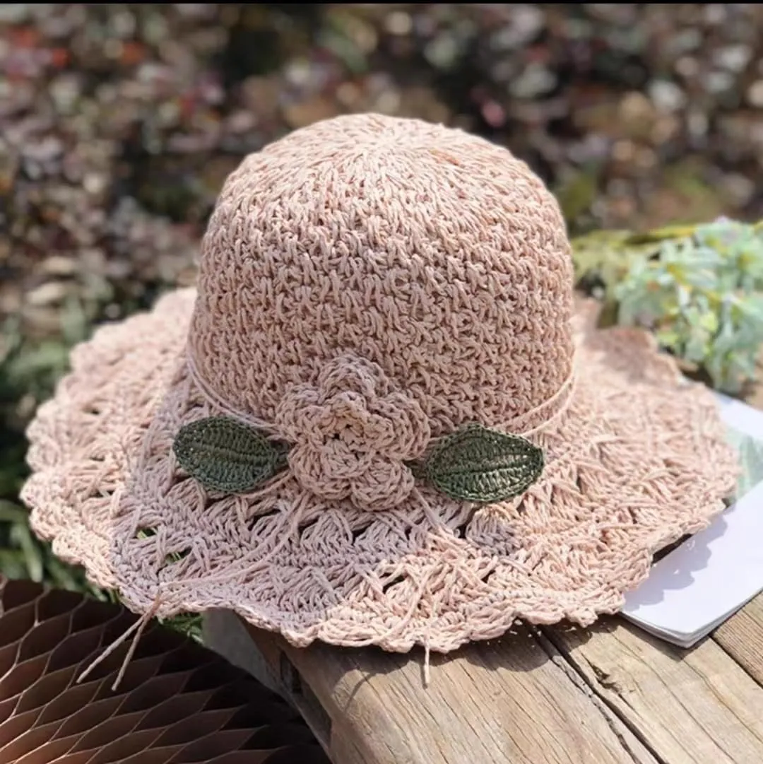 Elegant Crochet Straw Hat with Ruffle Detail,Elegant Crochet Straw Hat,Summer Beach Wide Brim Sun Protection Hat