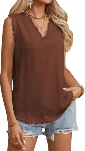 Famulily Womens Sleeveless Ruffled V Neck Tops Summer Linen Tank Tops Solid Color Raw Edge Hem Camisoles