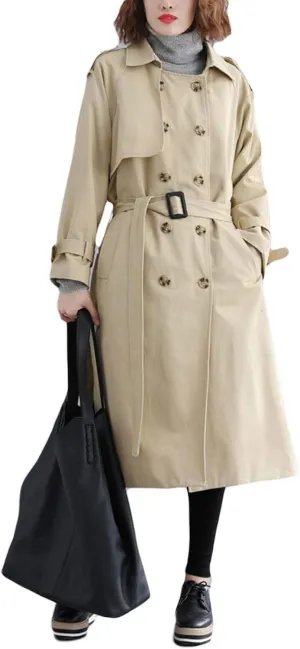 Flygo Women's Elegant Double Breasted Long Trench Coat