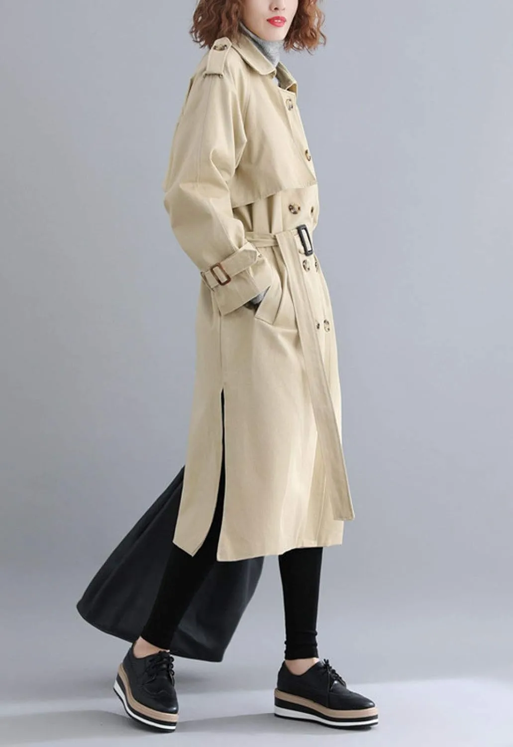 Flygo Women's Elegant Double Breasted Long Trench Coat