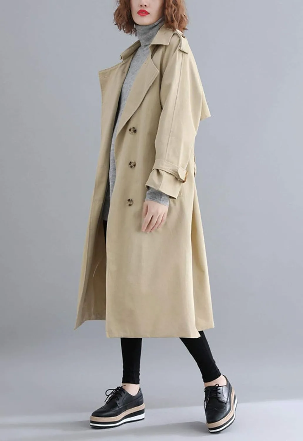 Flygo Women's Elegant Double Breasted Long Trench Coat