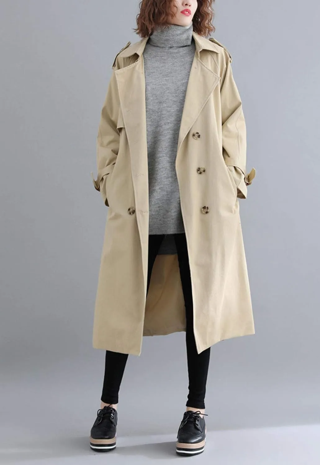 Flygo Women's Elegant Double Breasted Long Trench Coat