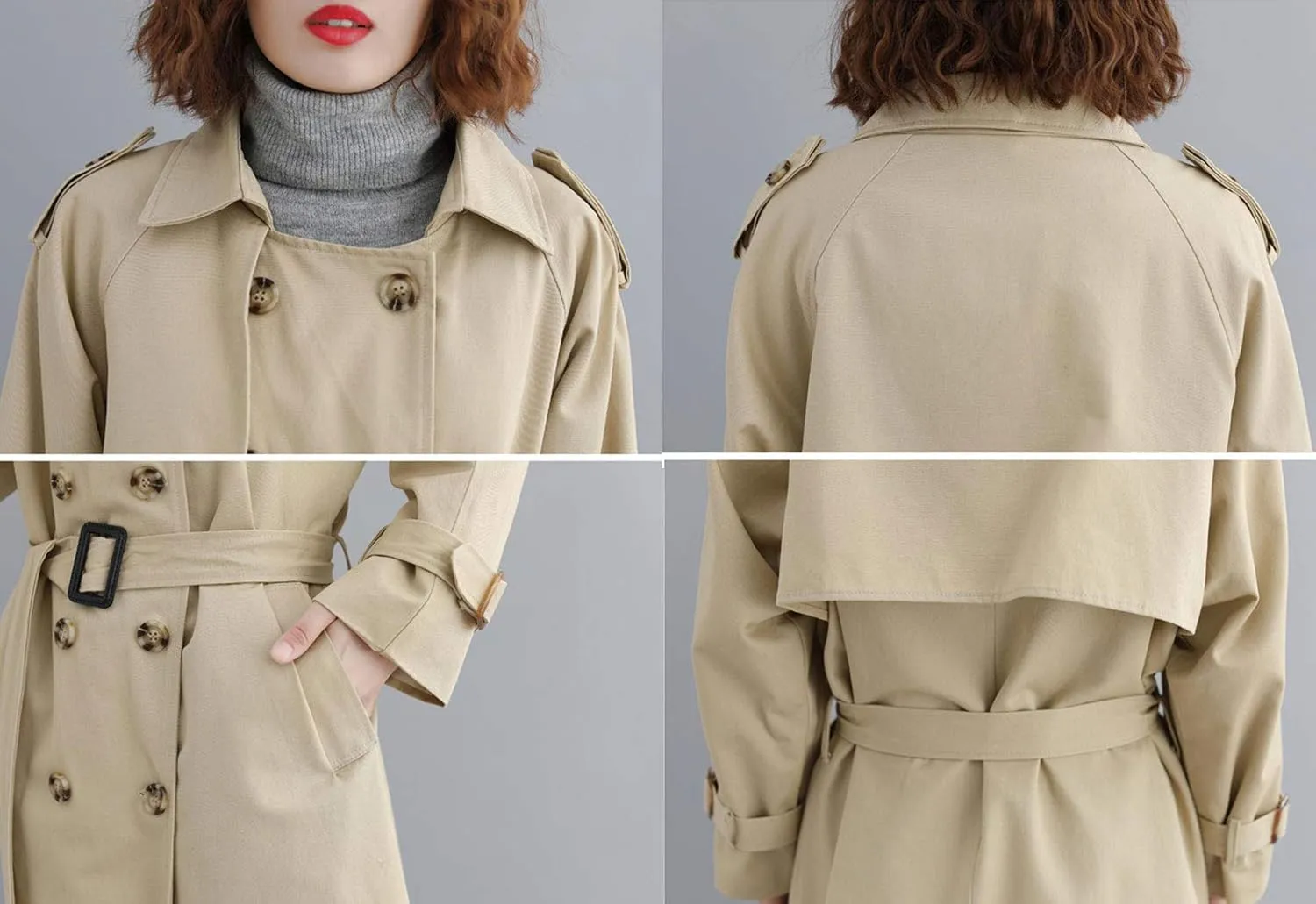 Flygo Women's Elegant Double Breasted Long Trench Coat