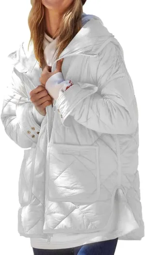 FMCHICO Womens Oversized Hooded Puffer Jacket Quilted Lightweight Soft Comfy Padded Hoodies Coat Warm Winter Coat