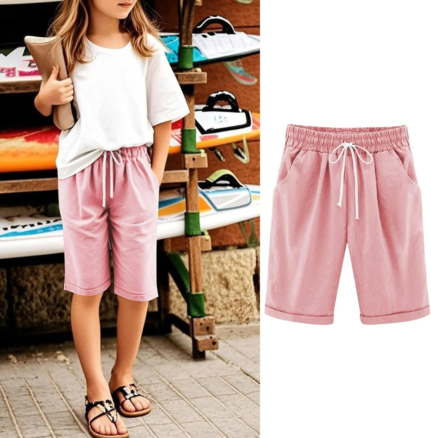 Girls Casual Bermuda Shorts Kids Knee Length High Waisted Summer Shorts Linen Comfy Drawstring Short Pants with