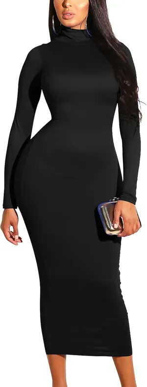 GOBLES Women's Sexy Turtleneck Long Sleeve Elegant Bodycon Party Long Dress