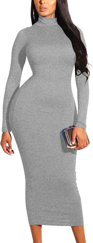 GOBLES Women's Sexy Turtleneck Long Sleeve Elegant Bodycon Party Long Dress