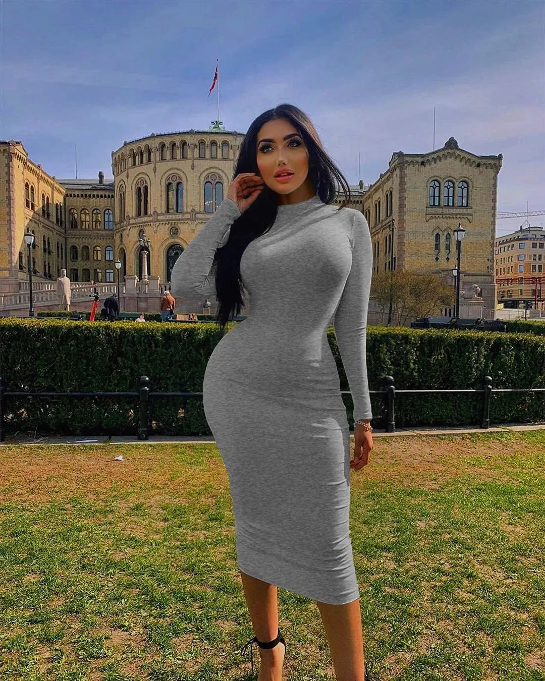 GOBLES Women's Sexy Turtleneck Long Sleeve Elegant Bodycon Party Long Dress