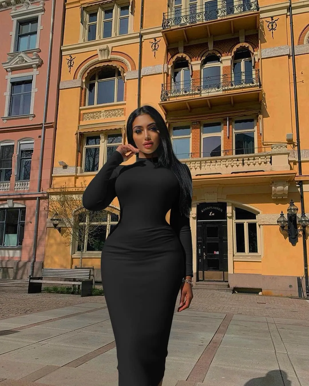 GOBLES Women's Sexy Turtleneck Long Sleeve Elegant Bodycon Party Long Dress