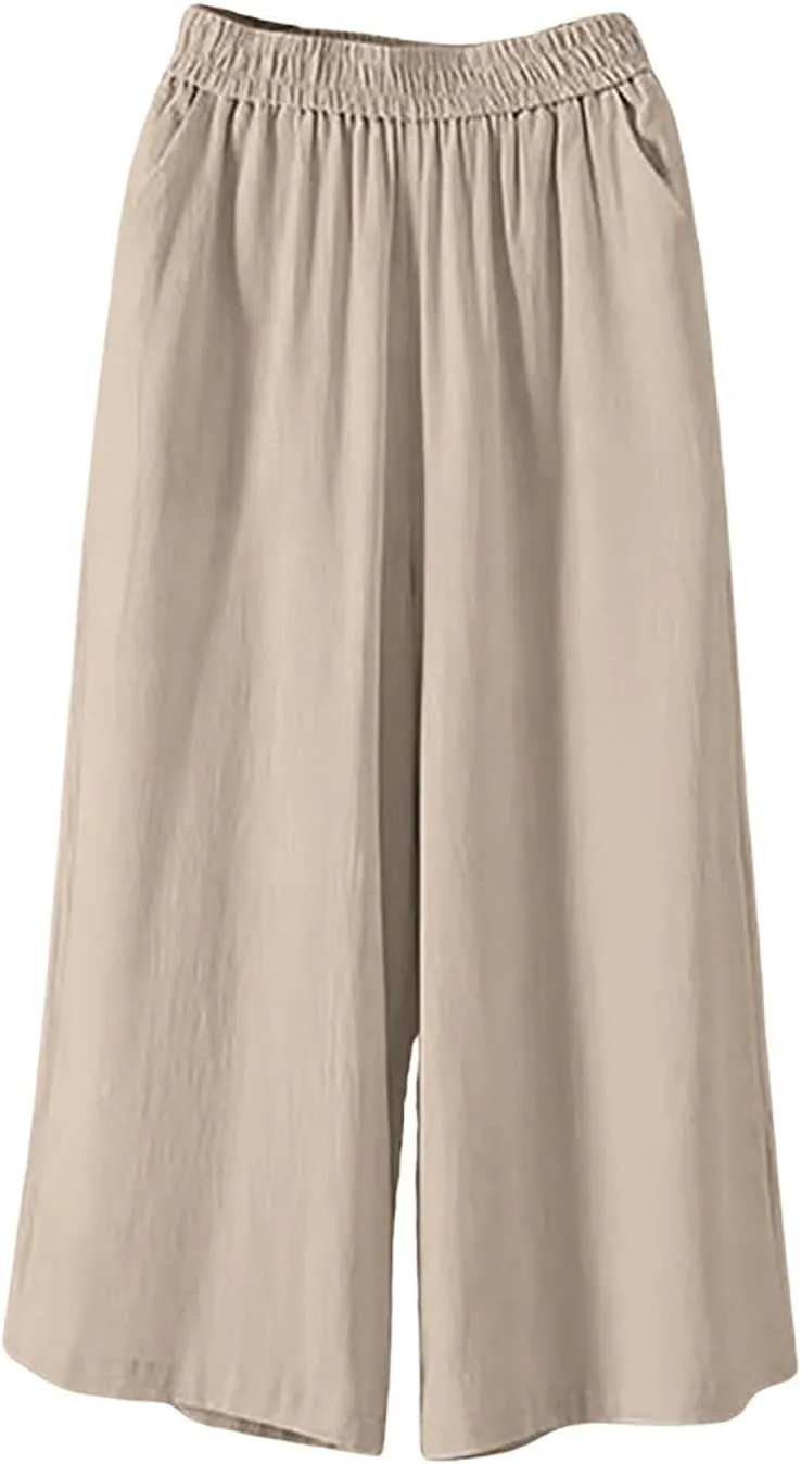 GOFULY Cotton Linen Pants Women Wide Leg Straight Loose Drawstring Elastic Waist Palazzo Pants Casual Trousers with Pockets