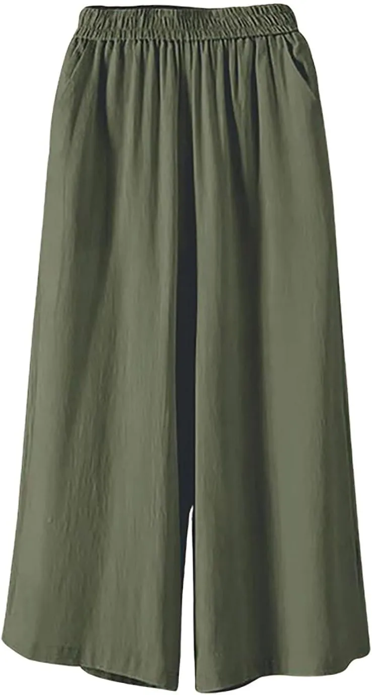 GOFULY Womens Cotton Linen Pants Wide Leg Casual Drawstring Elastic Waist Palazzo Pants Plus Size Trousers Pants with Pockets