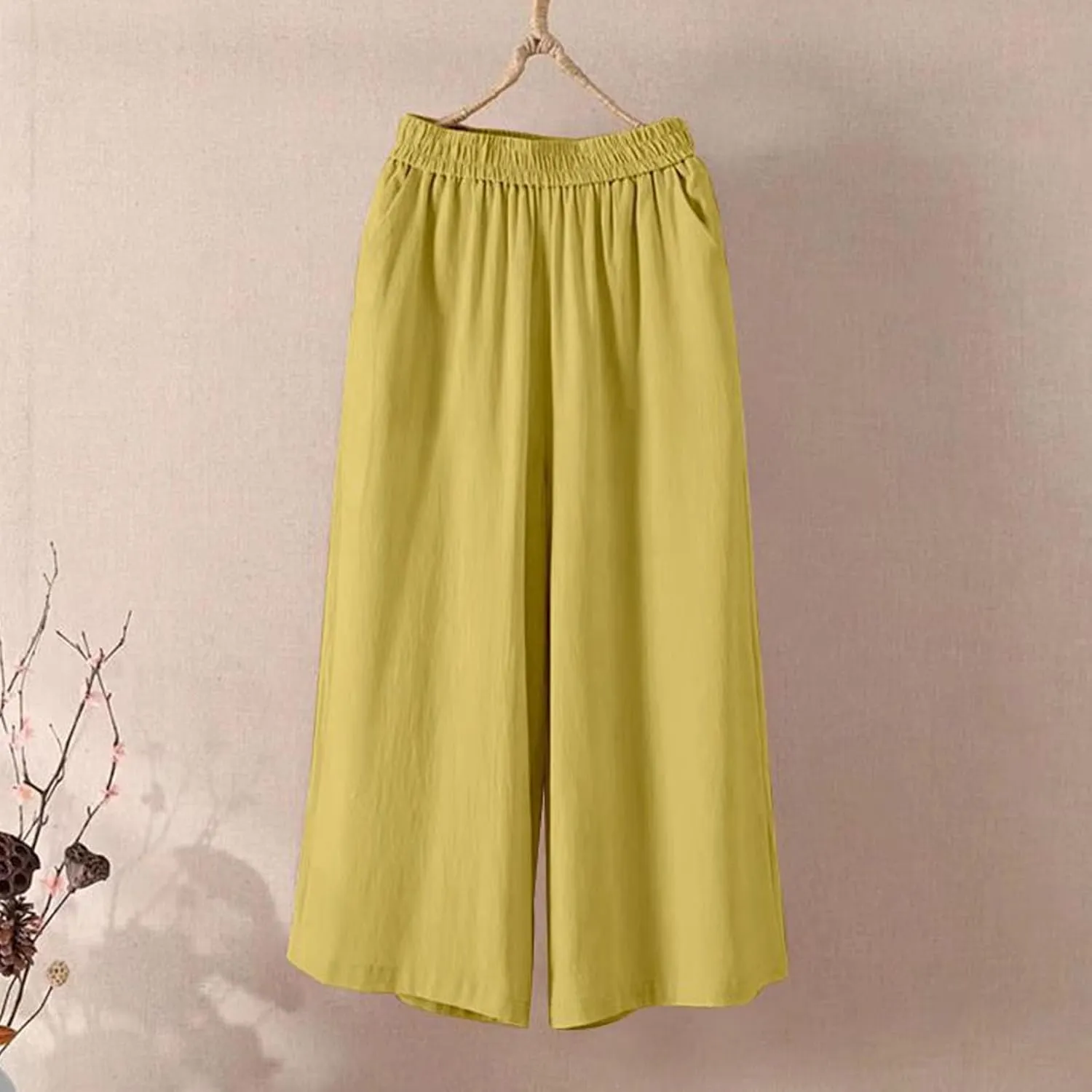 GOFULY Womens Cotton Linen Pants Wide Leg Casual Drawstring Elastic Waist Palazzo Pants Plus Size Trousers Pants with Pockets