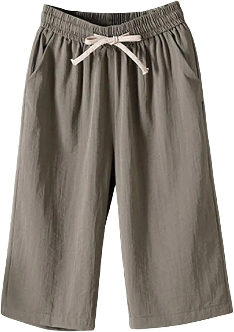 GOFULY Womens Cotton Linen Pants Wide Leg Casual Drawstring Elastic Waist Palazzo Pants Plus Size Trousers Pants with Pockets